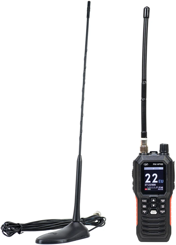 Nešiojama CB radijo stotelė PNI Escort HP 102 multi standard, 4W, 12V-24V, AM-FM su CB antena PNI Extra 45 su magnetu