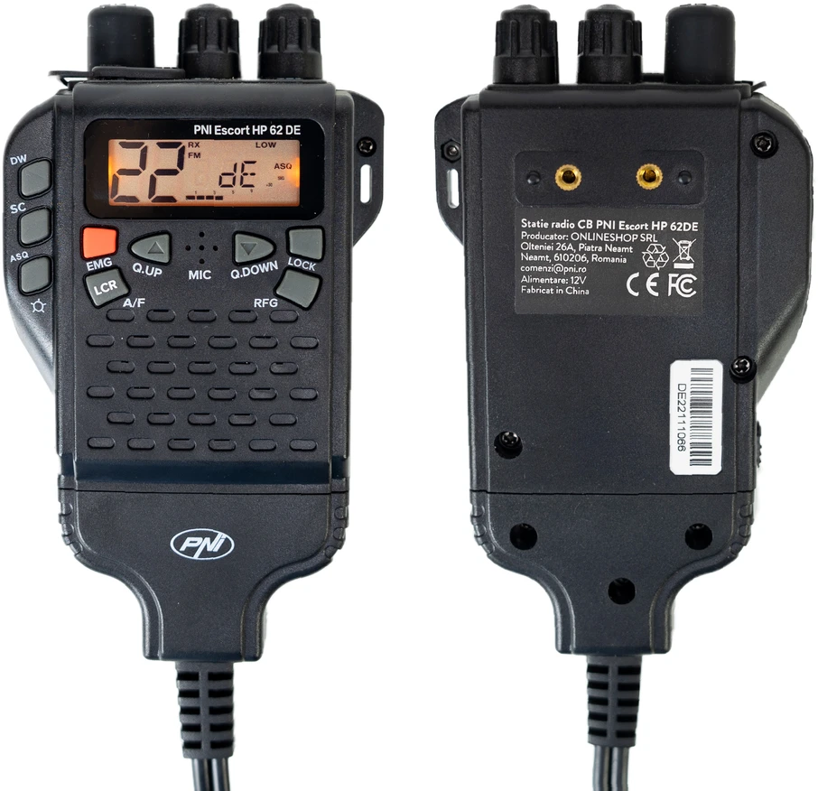 Nešiojama CB radijo stotelė PNI Escort HP 62DE vokiška versija, daugiastandartė, 4W, 12V, AM-FM, 5 lygių reguliuojamas ASQ, 9 lygių RF Gain, Dual Watch, Scan, Lock