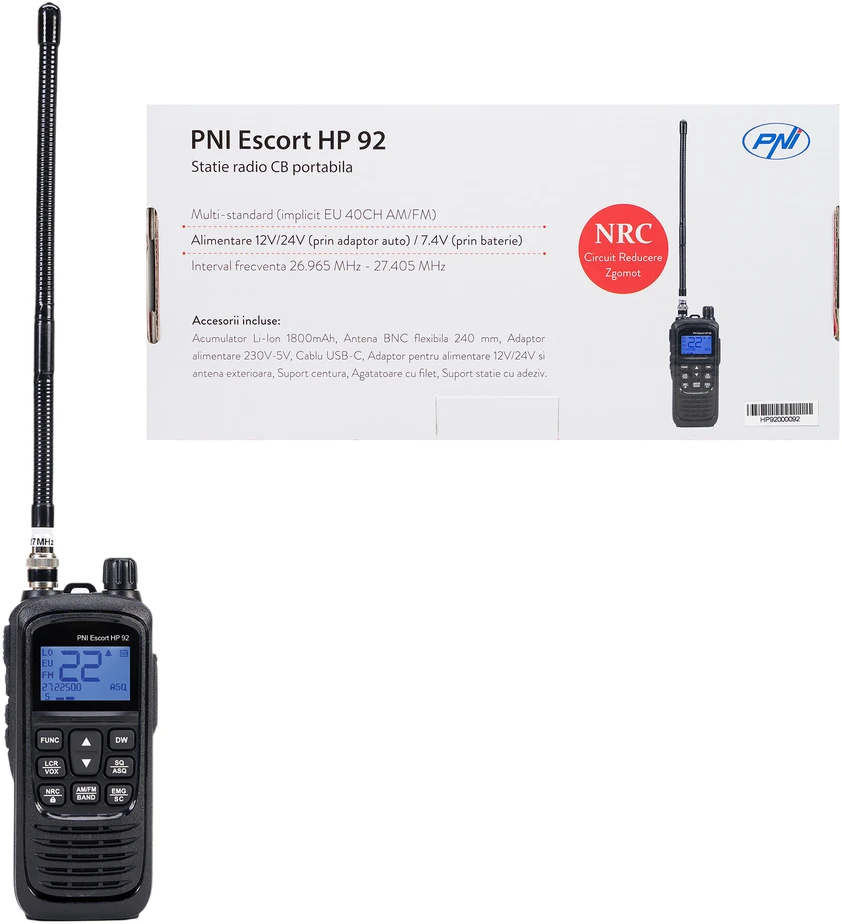 Nešiojama CB radijo stotelė PNI Escort HP 92, daugiastandartė, 4W, 12V, AM-FM, NRC, Dual Watch, Roger Beep, reguliuojamas ASQ SQ, VOX