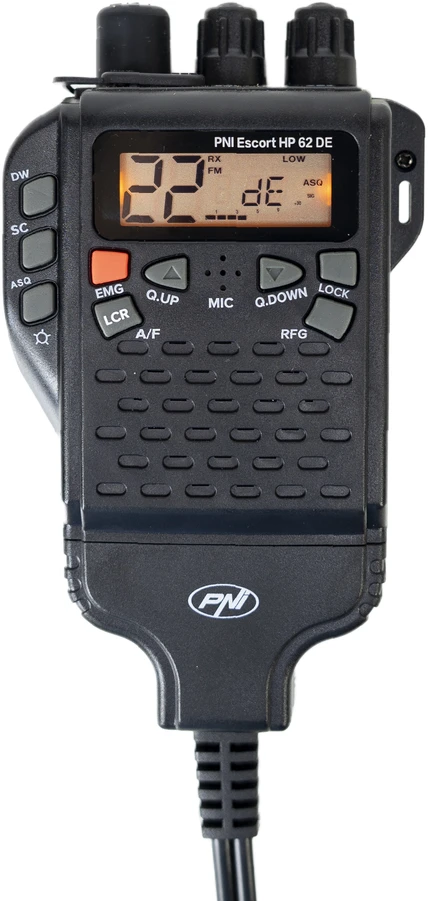 Nešiojama CB radijo stotelė PNI Escort HP 62DE vokiška versija, daugiastandartė, 4W, 12V, AM-FM, 5 lygių reguliuojamas ASQ, 9 lygių RF Gain, Dual Watch, Scan, Lock