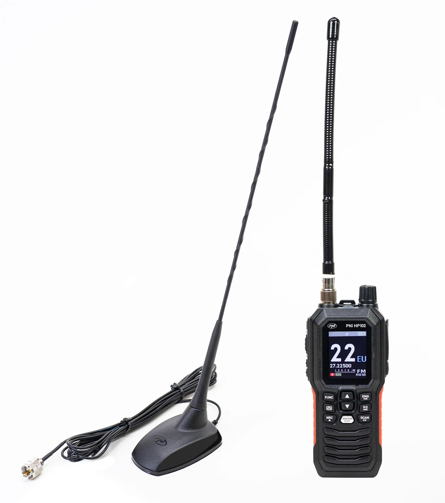 Nešiojama CB radijo stotelė PNI Escort HP 102 multi-standart, 4W, 12V-24V, AM-FM su CB antena PNI Extra 48 su magnetu
