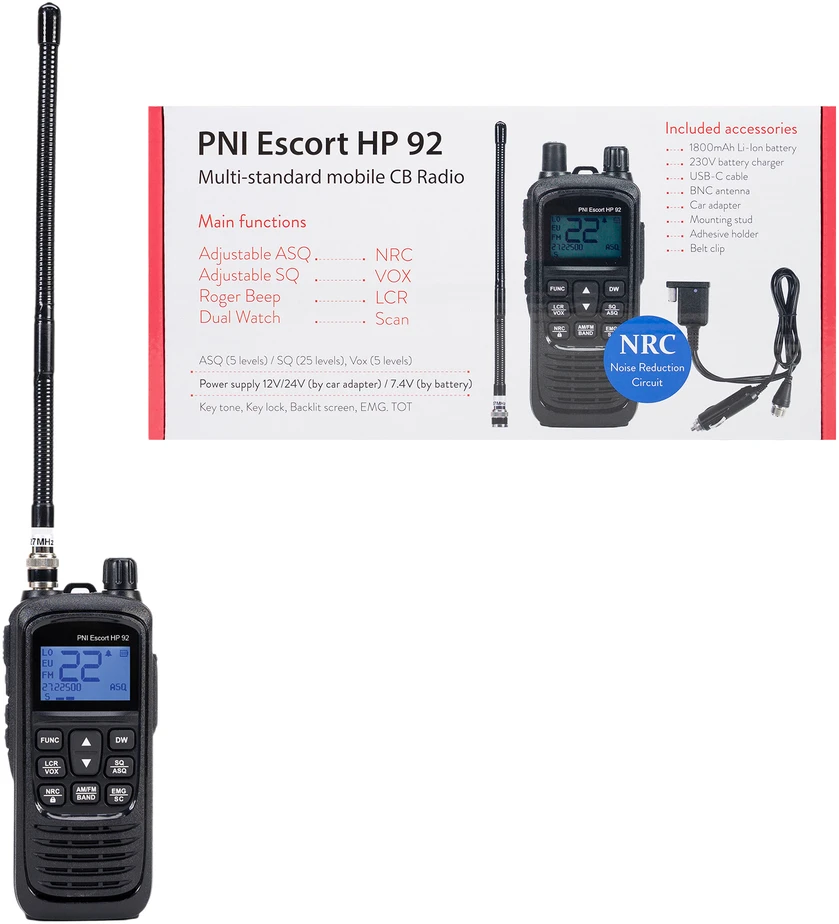 Nešiojama CB radijo stotelė PNI Escort HP 92, daugiastandartė, 4W, 12V, AM-FM, NRC, Dual Watch, Roger Beep, reguliuojamas ASQ SQ, VOX