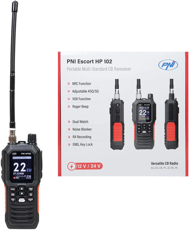 Nešiojama CB radijo stotelė PNI Escort HP 102 multi standard, 4W, 12V, AM-FM, NRC, Dual Watch, Roger Beep, reguliuojamas ASQ SQ, VOX