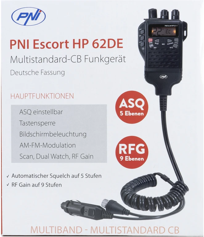 Nešiojama CB radijo stotelė PNI Escort HP 62DE vokiška versija, daugiastandartė, 4W, 12V, AM-FM, 5 lygių reguliuojamas ASQ, 9 lygių RF Gain, Dual Watch, Scan, Lock