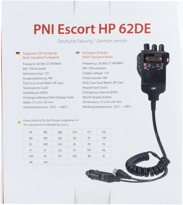 Nešiojama CB radijo stotelė PNI Escort HP 62DE vokiška versija, daugiastandartė, 4W, 12V, AM-FM, 5 lygių reguliuojamas ASQ, 9 lygių RF Gain, Dual Watch, Scan, Lock