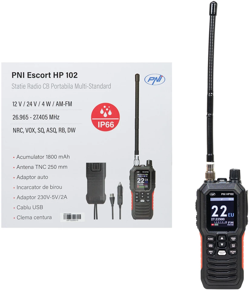 Nešiojama CB radijo stotelė PNI Escort HP 102 multi standard, 4W, 12V, AM-FM, NRC, Dual Watch, Roger Beep, reguliuojamas ASQ SQ, VOX
