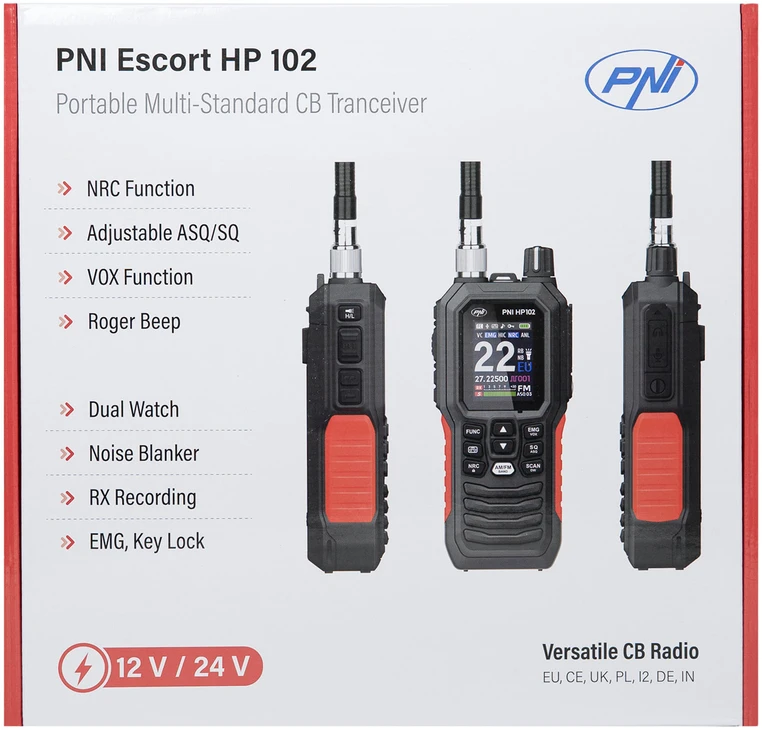 Nešiojama CB radijo stotelė PNI Escort HP 102 multi standard, 4W, 12V, AM-FM, NRC, Dual Watch, Roger Beep, reguliuojamas ASQ SQ, VOX