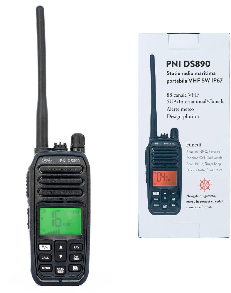 Nešiojama jūrinė radijo stotelė PNI DS890, 88 kanalai, 10 orų kanalų, reguliuojamas Squelch, Roger Beep, Dual Watch, Scan, Call, NRC, 1800mAh baterija, IP67