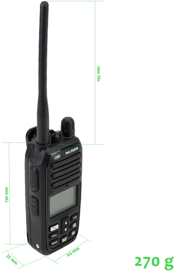 Nešiojama jūrinė radijo stotelė PNI DS890, 88 kanalai, 10 orų kanalų, reguliuojamas Squelch, Roger Beep, Dual Watch, Scan, Call, NRC, 1800mAh baterija, IP67