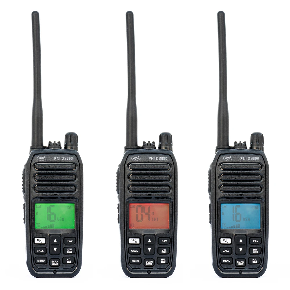 Nešiojama jūrinė radijo stotelė PNI DS890, 88 kanalai, 10 orų kanalų, reguliuojamas Squelch, Roger Beep, Dual Watch, Scan, Call, NRC, 1800mAh baterija, IP67