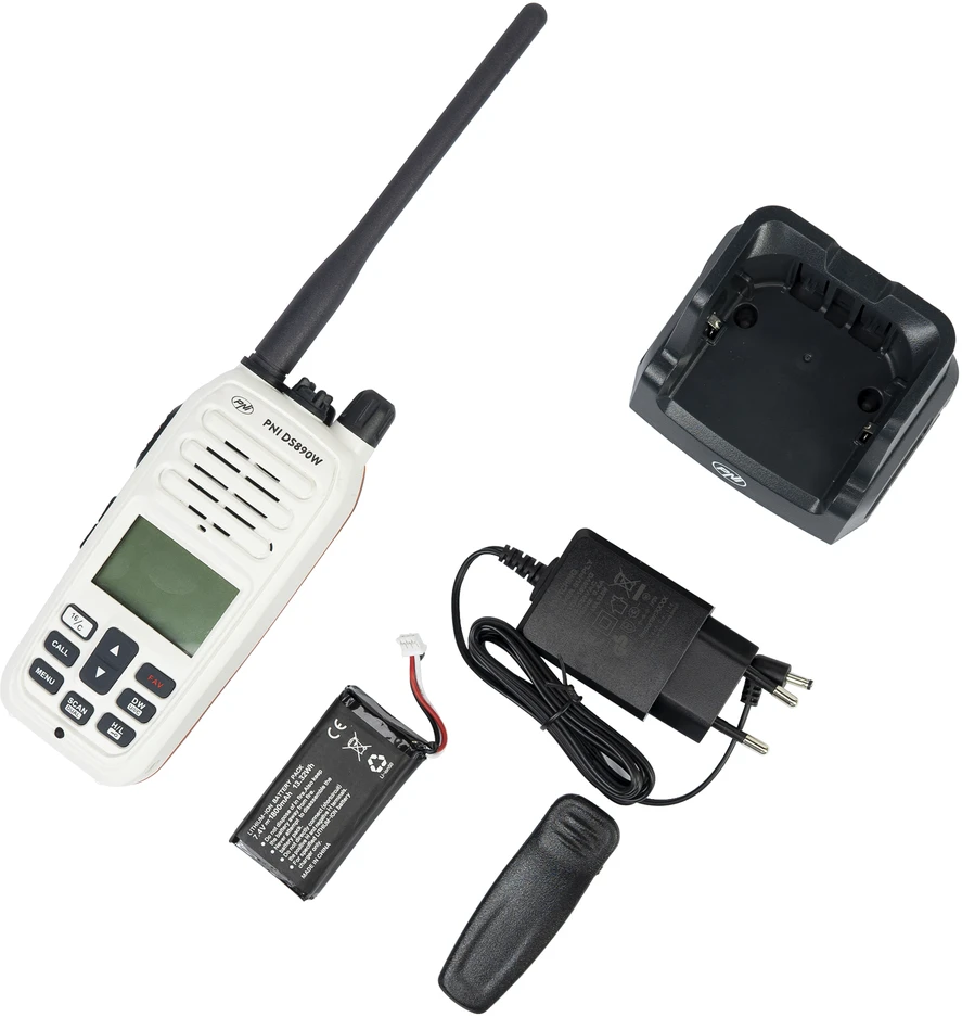 Nešiojama jūrinė radijo stotelė PNI DS890W, 88 kanalai, 10 orų kanalų, reguliuojamas Squelch, Roger Beep, Dual Watch, Scan, Call, NRC, 1800mAh baterija, IP67