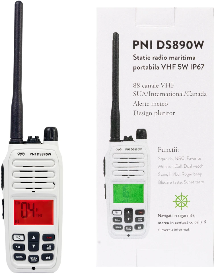 Nešiojama jūrinė radijo stotelė PNI DS890W, 88 kanalai, 10 orų kanalų, reguliuojamas Squelch, Roger Beep, Dual Watch, Scan, Call, NRC, 1800mAh baterija, IP67