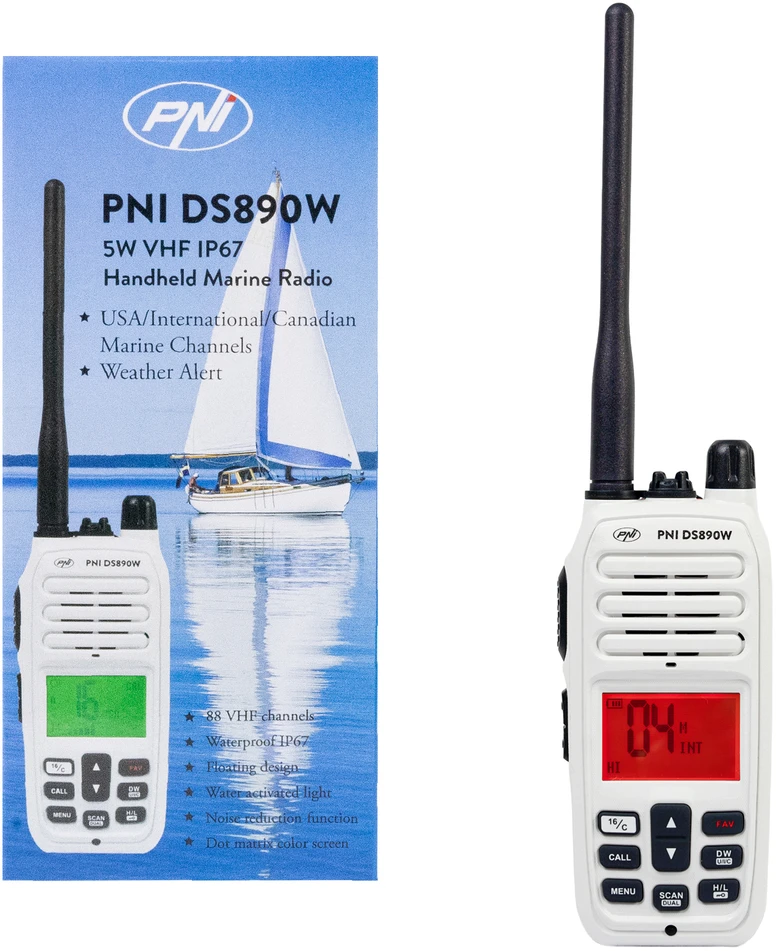 Nešiojama jūrinė radijo stotelė PNI DS890W, 88 kanalai, 10 orų kanalų, reguliuojamas Squelch, Roger Beep, Dual Watch, Scan, Call, NRC, 1800mAh baterija, IP67