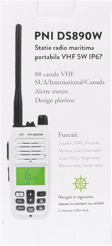 Nešiojama jūrinė radijo stotelė PNI DS890W, 88 kanalai, 10 orų kanalų, reguliuojamas Squelch, Roger Beep, Dual Watch, Scan, Call, NRC, 1800mAh baterija, IP67
