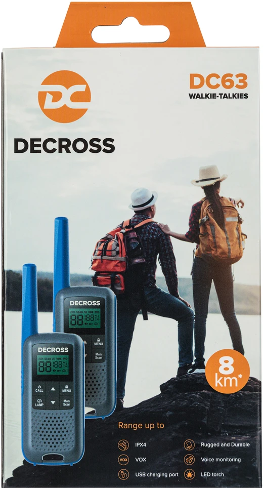 Nešiojama PMR radijo stotelė PNI Decross DC63 mėlyna, 446MHz, 0.5W, 16 kanalų, 1000mAh NiMH, IPx4, 2 vienetų komplektas
