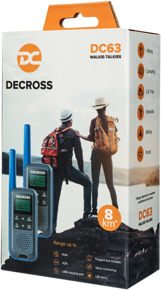 Nešiojama PMR radijo stotelė PNI Decross DC63 mėlyna, 446MHz, 0.5W, 16 kanalų, 1000mAh NiMH, IPx4, 2 vienetų komplektas