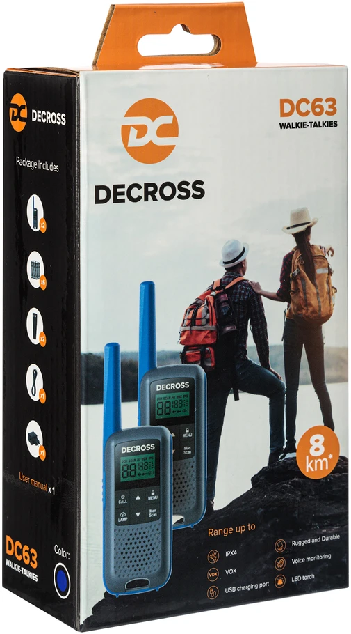 Nešiojama PMR radijo stotelė PNI Decross DC63 mėlyna, 446MHz, 0.5W, 16 kanalų, 1000mAh NiMH, IPx4, 2 vienetų komplektas