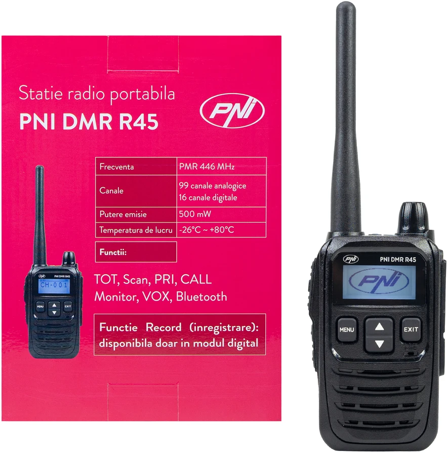 Nešiojama radijo stotelė PNI DMR R45, skaitmeninė ir analoginė, 446MHz, 16 skaitmeninių kanalų ir 99 analoginiai kanalai, balso įrašymo funkcija, 2000mAh Li-Ion baterija