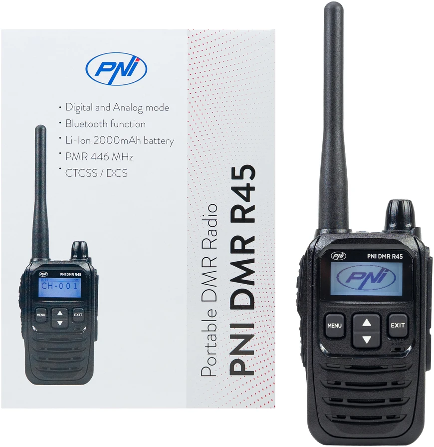 Nešiojama radijo stotelė PNI DMR R45, skaitmeninė ir analoginė, 446MHz, 16 skaitmeninių kanalų ir 99 analoginiai kanalai, balso įrašymo funkcija, 2000mAh Li-Ion baterija