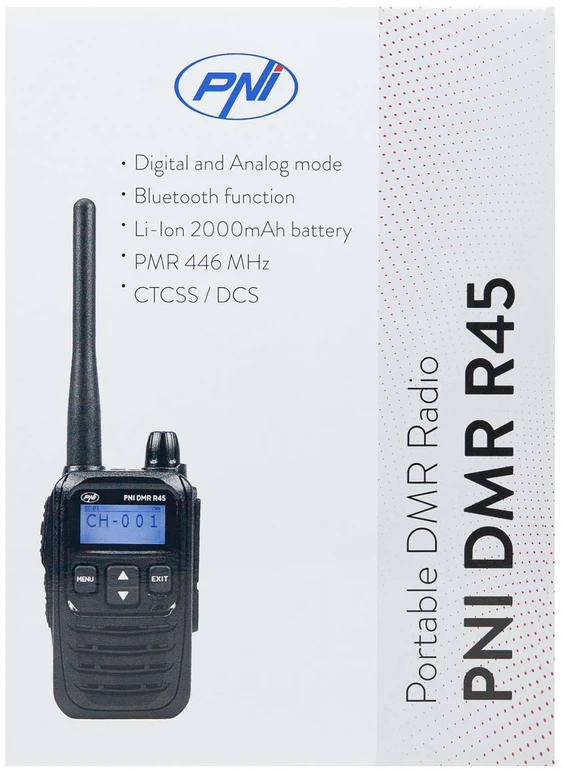 Nešiojama radijo stotelė PNI DMR R45, skaitmeninė ir analoginė, 446MHz, 16 skaitmeninių kanalų ir 99 analoginiai kanalai, balso įrašymo funkcija, 2000mAh Li-Ion baterija