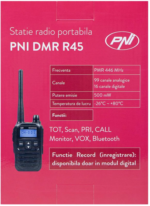 Nešiojama radijo stotelė PNI DMR R45, skaitmeninė ir analoginė, 446MHz, 16 skaitmeninių kanalų ir 99 analoginiai kanalai, balso įrašymo funkcija, 2000mAh Li-Ion baterija