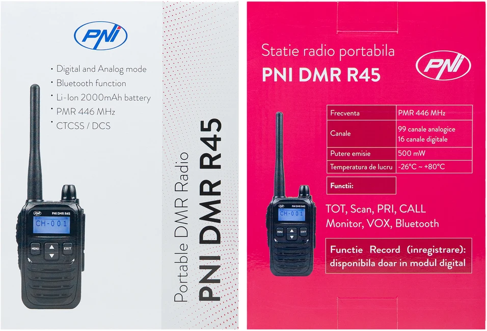 Nešiojama radijo stotelė PNI DMR R45, skaitmeninė ir analoginė, 446MHz, 16 skaitmeninių kanalų ir 99 analoginiai kanalai, balso įrašymo funkcija, 2000mAh Li-Ion baterija