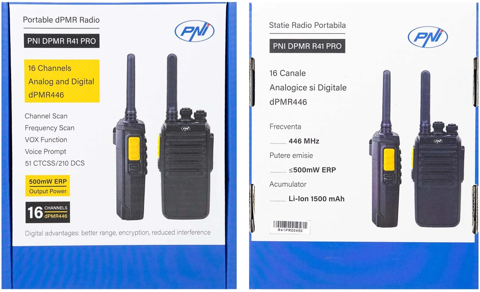 Nešiojama radijo stotelė PNI DPMR R41 PRO, 0.5W, dPMR446, 16 skaitmeninių ir analoginių kanalų, TOT, nuskaitymas (Scan), monitorius, programuojama, 1500mAh baterija, CTCSS/DCS