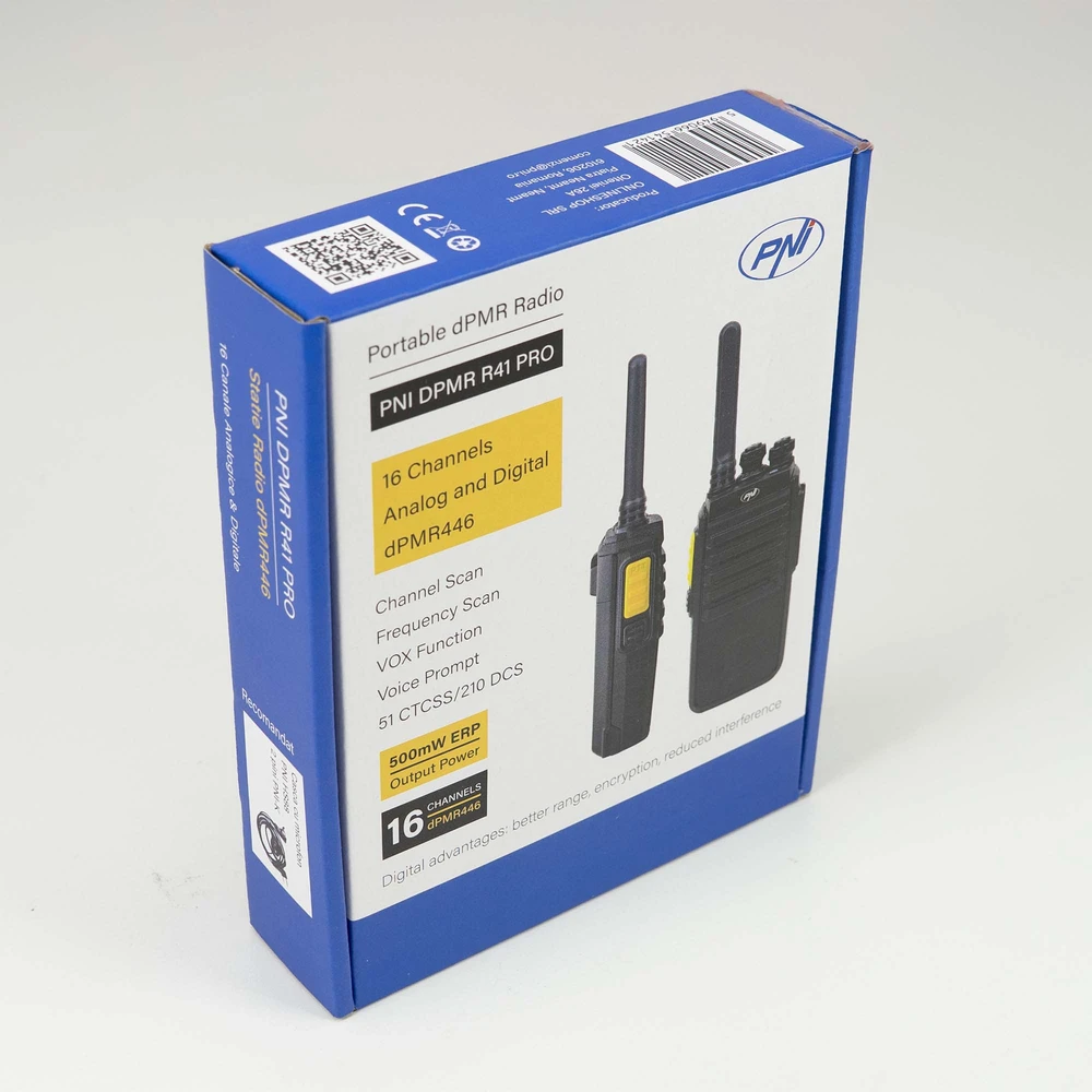Nešiojama radijo stotelė PNI DPMR R41 PRO, 0.5W, dPMR446, 16 skaitmeninių ir analoginių kanalų, TOT, nuskaitymas (Scan), monitorius, programuojama, 1500mAh baterija, CTCSS/DCS