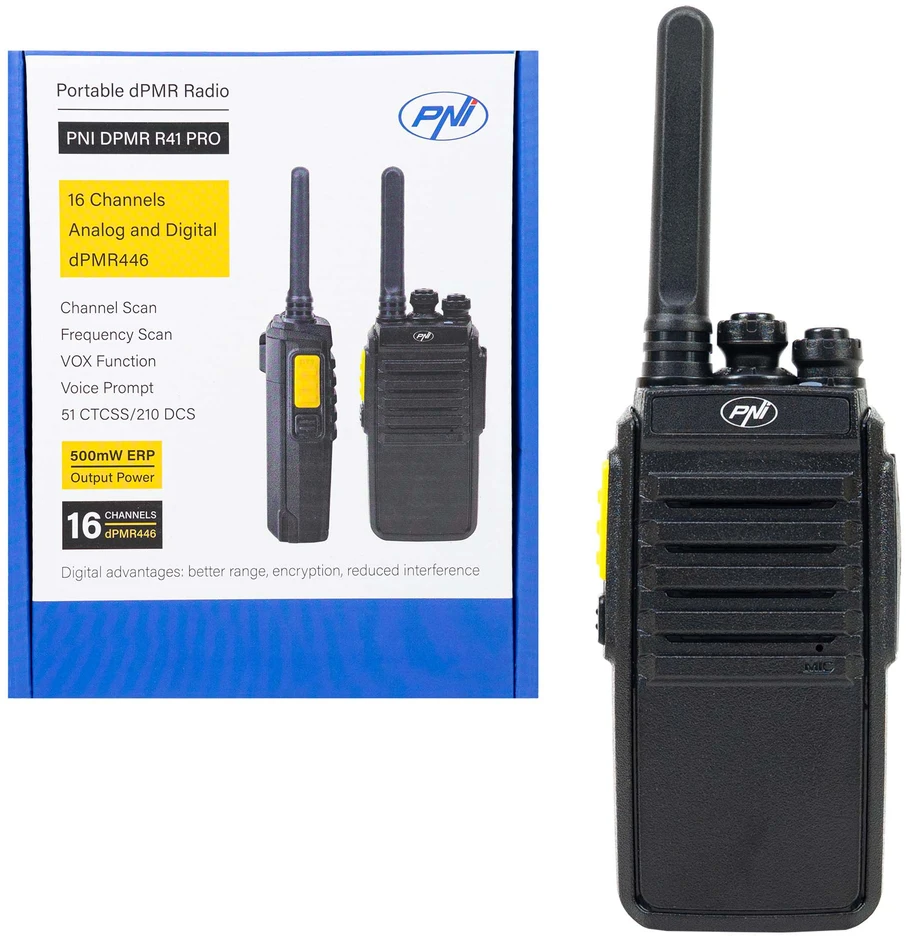 Nešiojama radijo stotelė PNI DPMR R41 PRO, 0.5W, dPMR446, 16 skaitmeninių ir analoginių kanalų, TOT, nuskaitymas (Scan), monitorius, programuojama, 1500mAh baterija, CTCSS/DCS