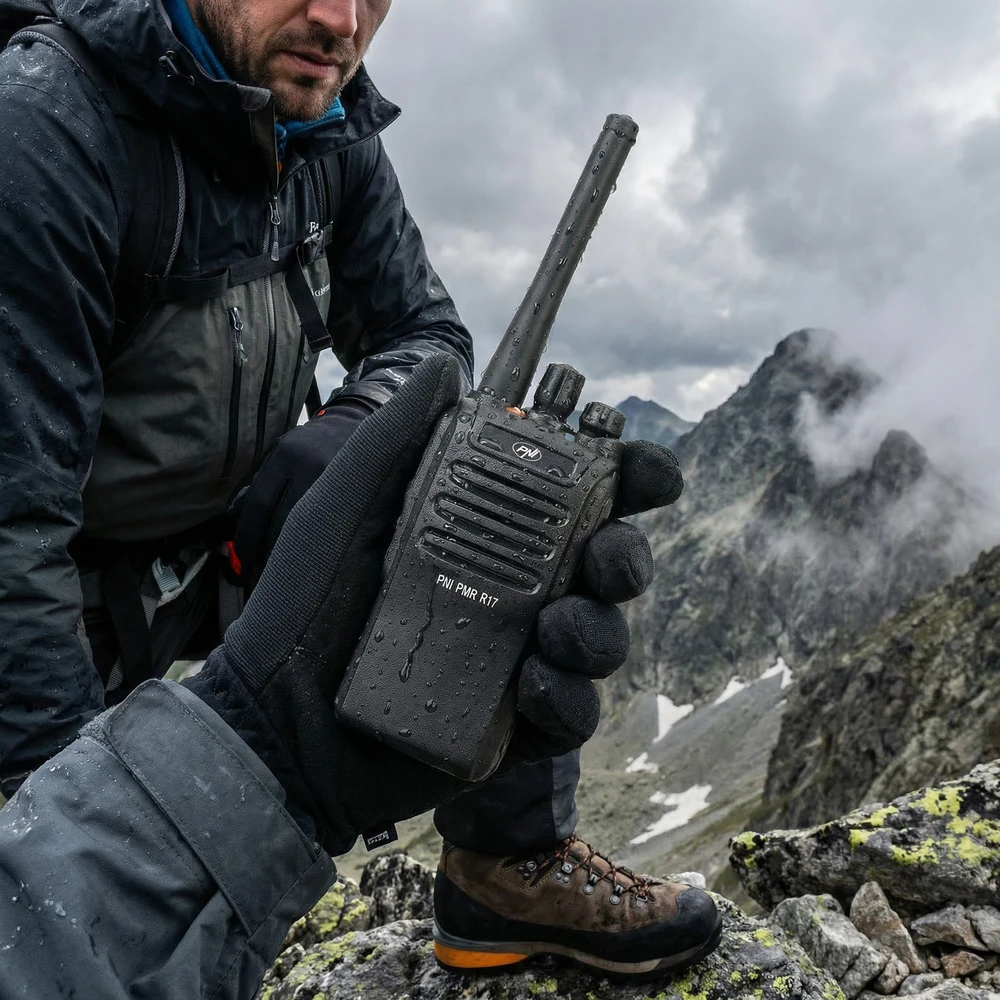Nešiojama radijo stotelė PNI PMR R17 446MHz, 0.5W, 16 PMR kanalų ir 50 CTCSS bei 104 DCS tonų, FM radijas, programuojama, atspari vandeniui IP68, 2200 mAh baterija