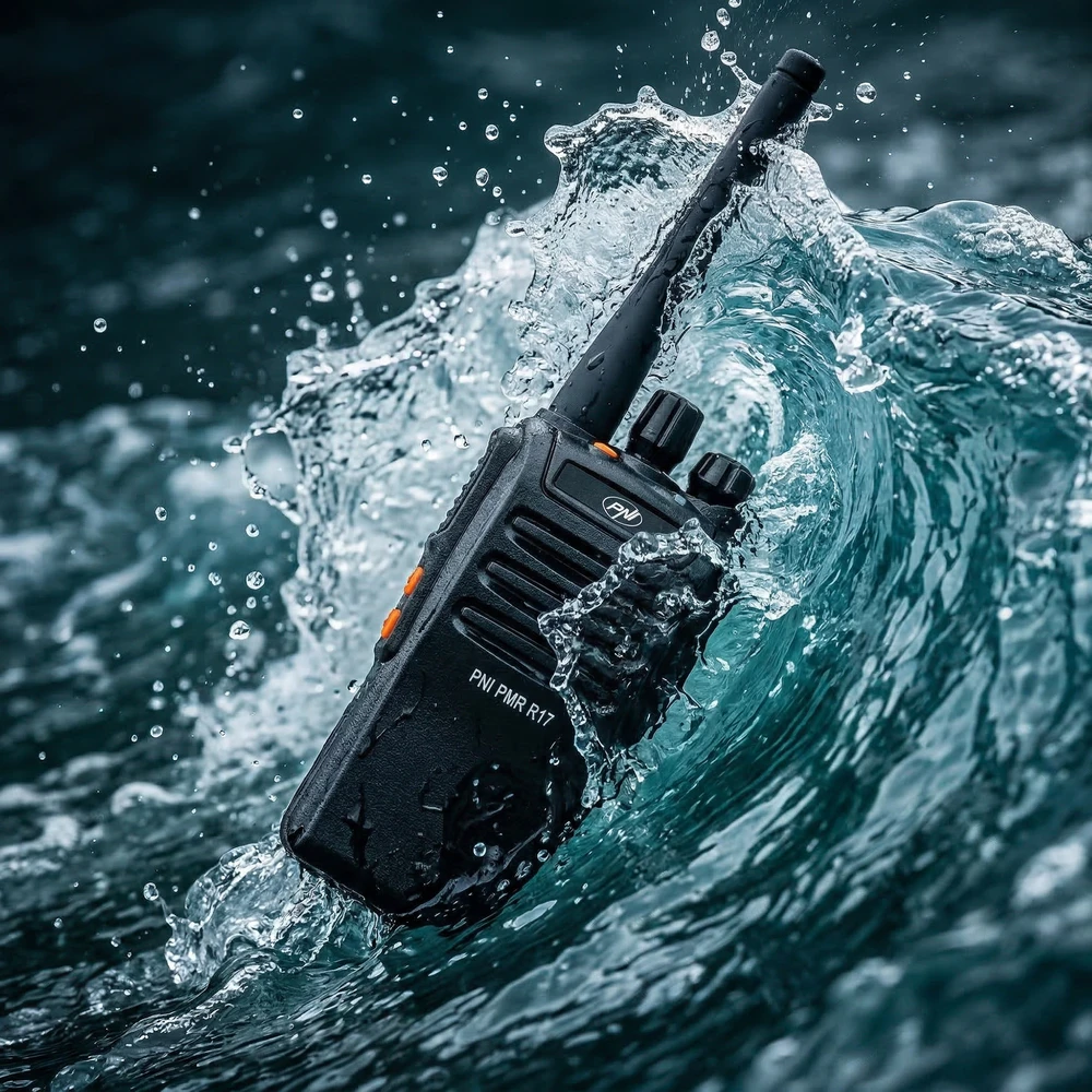 Nešiojama radijo stotelė PNI PMR R17 446MHz, 0.5W, 16 PMR kanalų ir 50 CTCSS bei 104 DCS tonų, FM radijas, programuojama, atspari vandeniui IP68, 2200 mAh baterija
