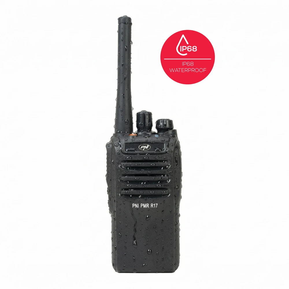 Nešiojama radijo stotelė PNI PMR R17 446MHz, 0.5W, 16 PMR kanalų ir 50 CTCSS bei 104 DCS tonų, FM radijas, programuojama, atspari vandeniui IP68, 2200 mAh baterija