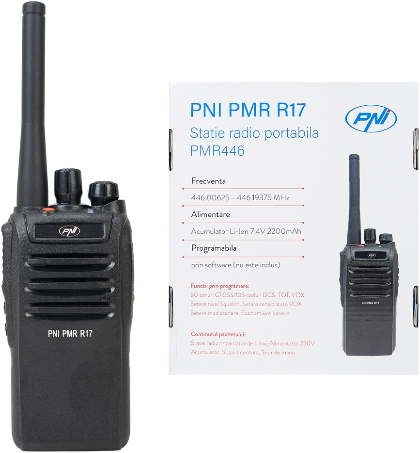 Nešiojama radijo stotelė PNI PMR R17 446MHz, 0.5W, 16 PMR kanalų ir 50 CTCSS bei 104 DCS tonų, FM radijas, programuojama, atspari vandeniui IP68, 2200 mAh baterija