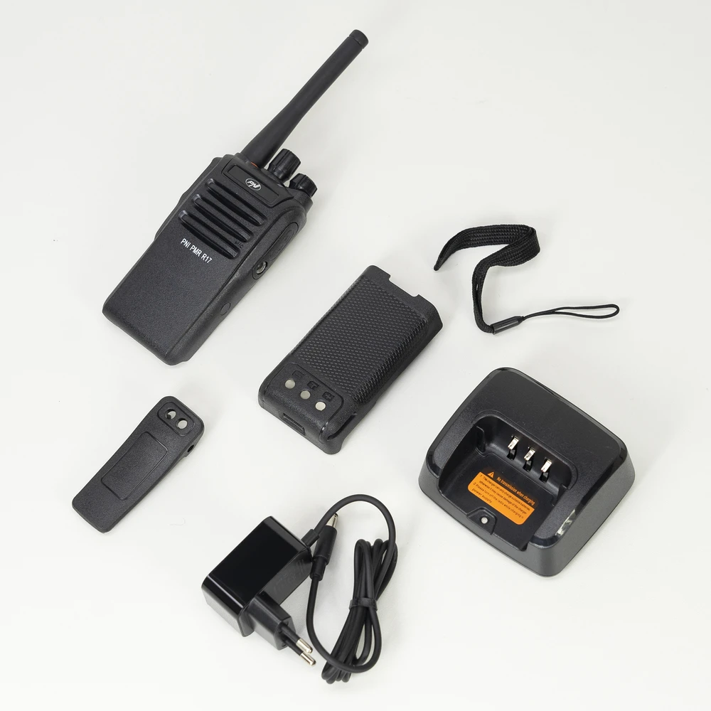 Nešiojama radijo stotelė PNI PMR R17 446MHz, 0.5W, 16 PMR kanalų ir 50 CTCSS bei 104 DCS tonų, FM radijas, programuojama, atspari vandeniui IP68, 2200 mAh baterija