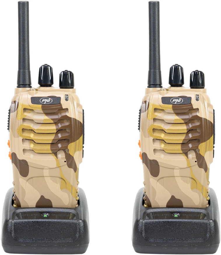 Nešiojama radijo stotelė PNI PMR R40 Camo, 2 vnt. komplektas, 0,5 W, 16 programuojamų kanalų, 16 PMR ir 50 CTCSS bei 104 DCS tonų, ASQ, TOT, monitorius, programuojama, 1200 mAh baterijos, įkrovikliai ir ausinės komplekte