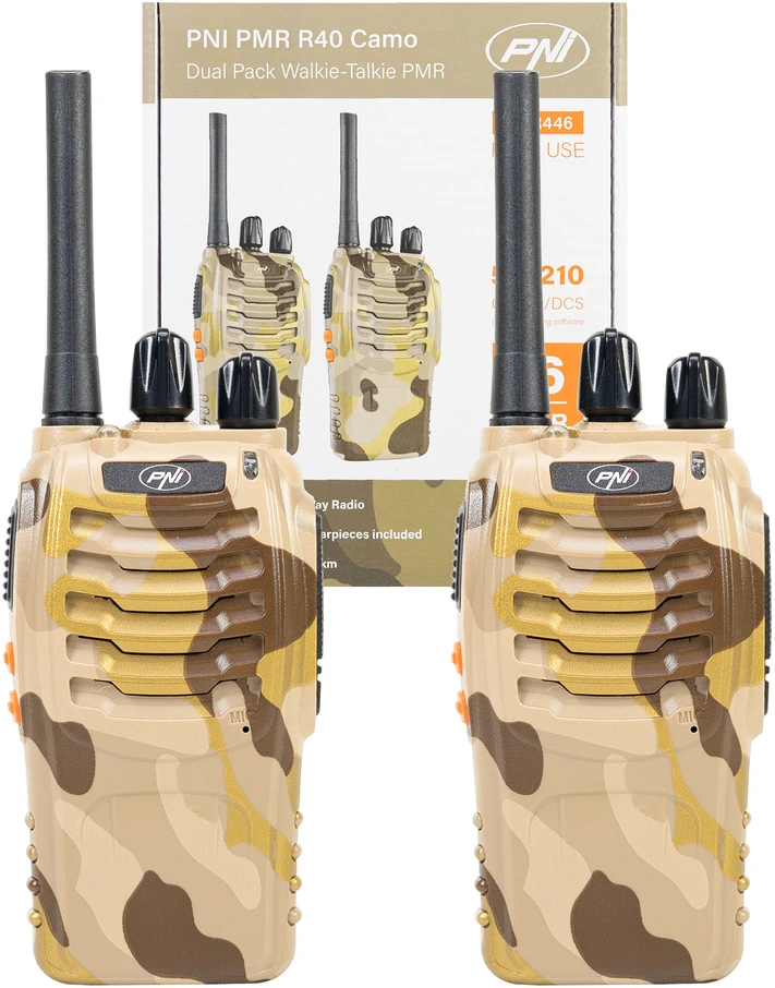 Nešiojama radijo stotelė PNI PMR R40 Camo, 2 vnt. komplektas, 0,5 W, 16 programuojamų kanalų, 16 PMR ir 50 CTCSS bei 104 DCS tonų, ASQ, TOT, monitorius, programuojama, 1200 mAh baterijos, įkrovikliai ir ausinės komplekte