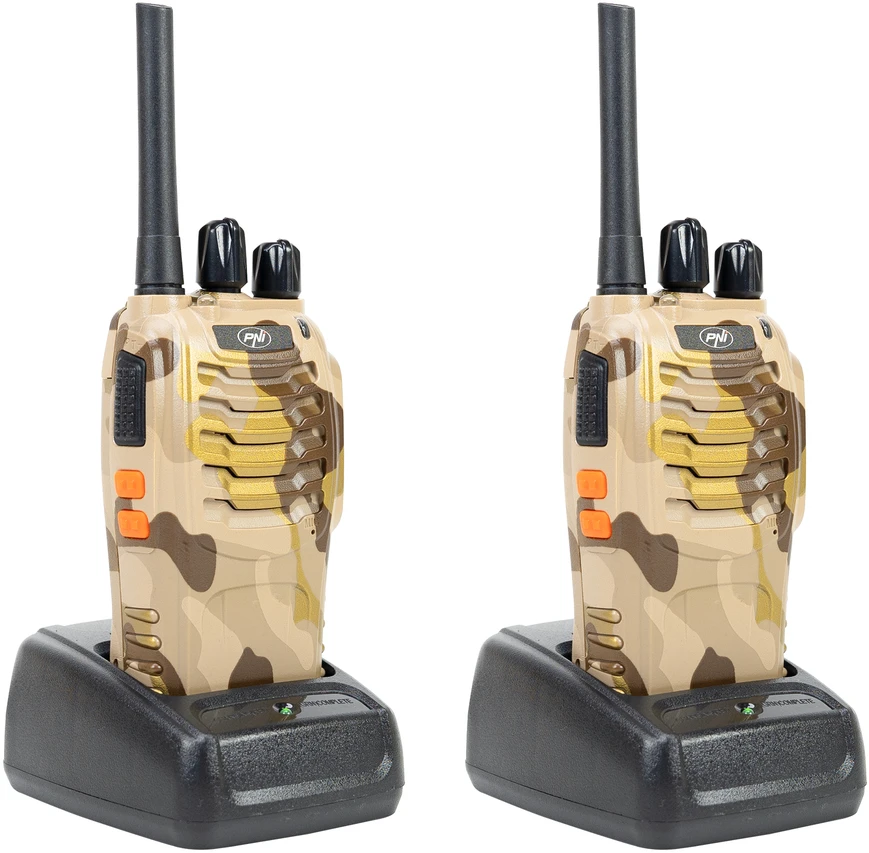 Nešiojama radijo stotelė PNI PMR R40 Camo, 2 vnt. komplektas, 0,5 W, 16 programuojamų kanalų, 16 PMR ir 50 CTCSS bei 104 DCS tonų, ASQ, TOT, monitorius, programuojama, 1200 mAh baterijos, įkrovikliai ir ausinės komplekte