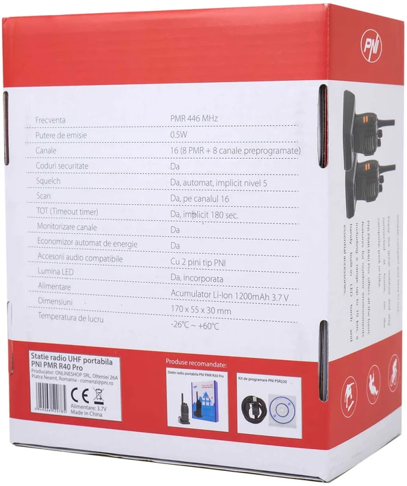 Nešiojama radijo stotelė PNI PMR R40 Pro, komplektas iš 2 vnt., 0.5W, ASQ, TOT, monitorius, programuojama, 1200mAh baterijos, įkrovikliai ir ausinės komplekte