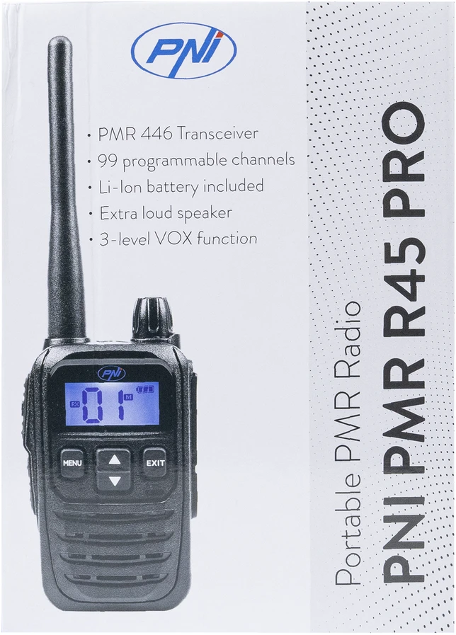 Nešiojama radijo stotelė PNI PMR R45 PRO 446MHz, 0.5W, 32 programuojami kanalai, 16 PMR ir 38 CTCSS bei 104 DCS tonai, IP67, Squelch 5 lygiai, VOX, TOT, BCL, Scan, Roger Beep