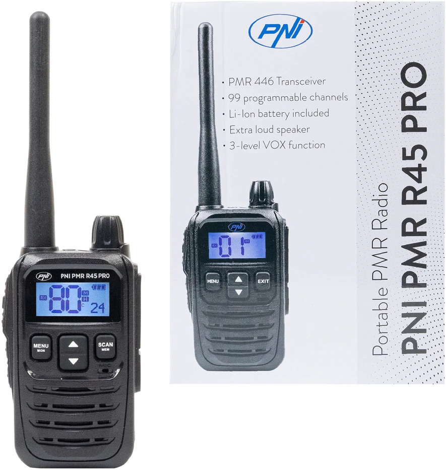 Nešiojama radijo stotelė PNI PMR R45 PRO 446MHz, 0.5W, 32 programuojami kanalai, 16 PMR ir 38 CTCSS bei 104 DCS tonai, IP67, Squelch 5 lygiai, VOX, TOT, BCL, Scan, Roger Beep