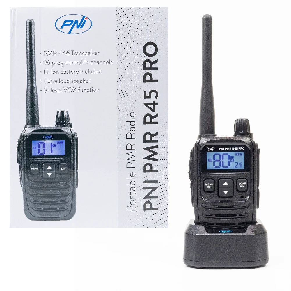 Nešiojama radijo stotelė PNI PMR R45 PRO 446MHz, 0.5W, 32 programuojami kanalai, 16 PMR ir 38 CTCSS bei 104 DCS tonai, IP67, Squelch 5 lygiai, VOX, TOT, BCL, Scan, Roger Beep
