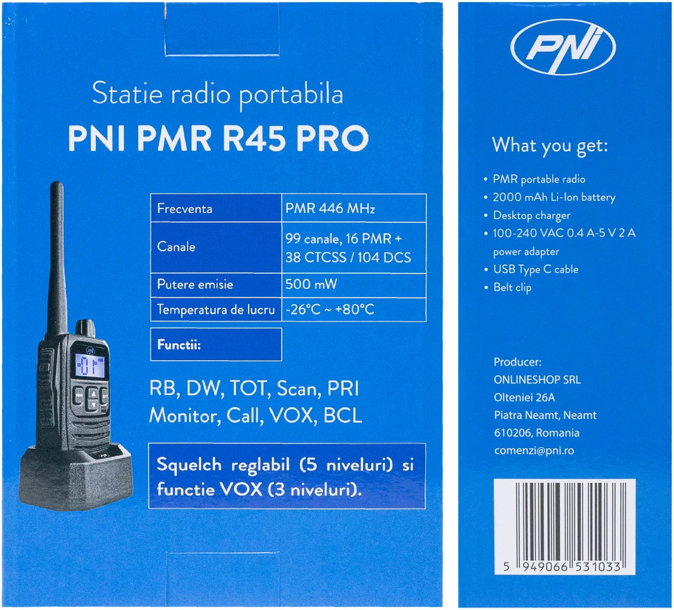 Nešiojama radijo stotelė PNI PMR R45 PRO 446MHz, 0.5W, 32 programuojami kanalai, 16 PMR ir 38 CTCSS bei 104 DCS tonai, IP67, Squelch 5 lygiai, VOX, TOT, BCL, Scan, Roger Beep