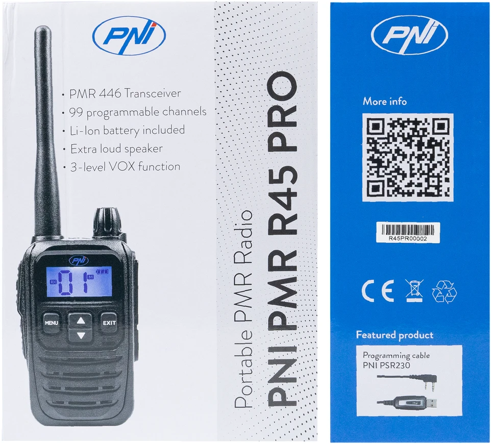 Nešiojama radijo stotelė PNI PMR R45 PRO 446MHz, 0.5W, 32 programuojami kanalai, 16 PMR ir 38 CTCSS bei 104 DCS tonai, IP67, Squelch 5 lygiai, VOX, TOT, BCL, Scan, Roger Beep