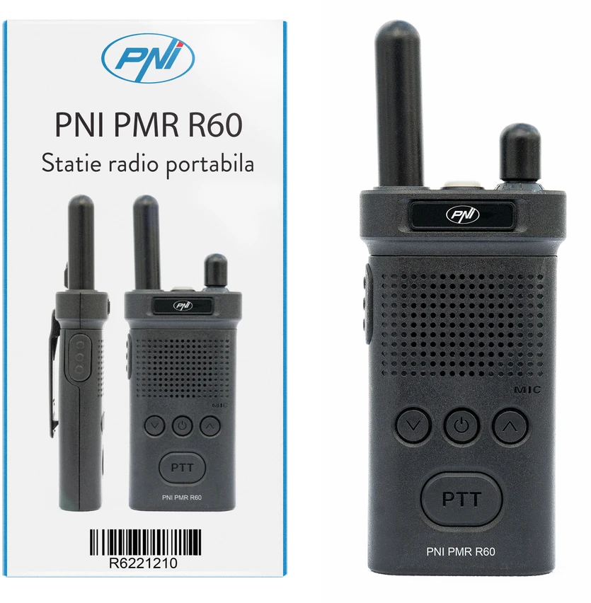 Nešiojama radijo stotelė PNI PMR R60 446MHz, 0.5W, 16 programuojamų kanalų, 16 PMR ir 50 CTCSS tonų bei 104 DCS, nuskaitymas, klaviatūros užraktas, SOS, monitorius, 1200mAh baterija