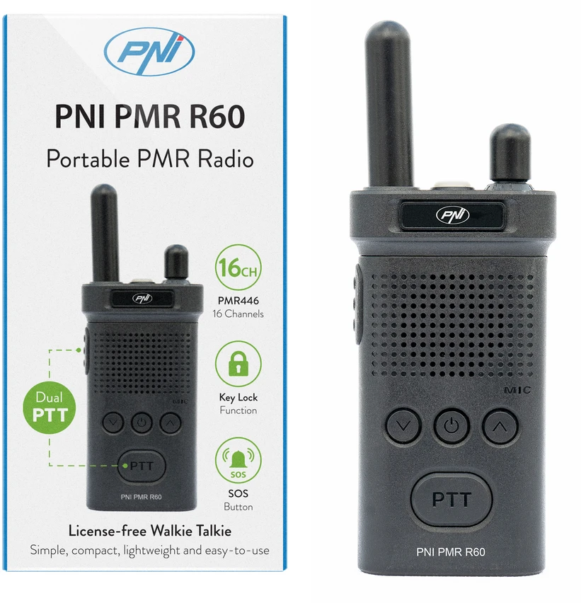 Nešiojama radijo stotelė PNI PMR R60 446MHz, 0.5W, 16 programuojamų kanalų, 16 PMR ir 50 CTCSS tonų bei 104 DCS, nuskaitymas, klaviatūros užraktas, SOS, monitorius, 1200mAh baterija