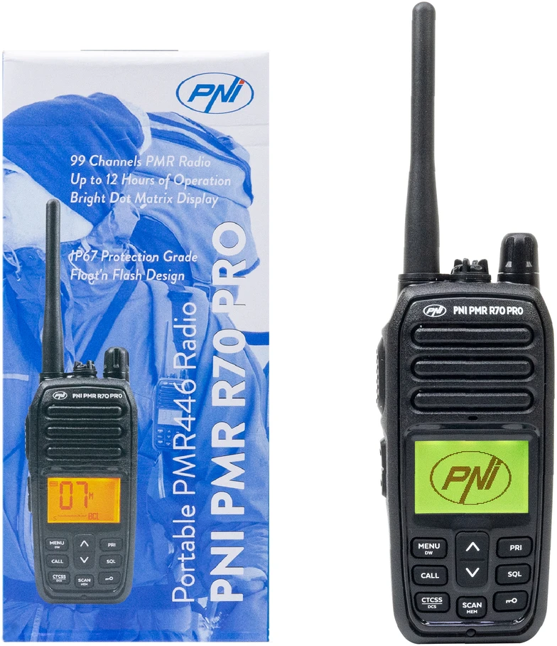 Nešiojama radijo stotelė PNI PMR R70 PRO 446MHz, 0.5W, 99 kanalai, 16 PMR ir 50 CTCSS bei 104 DCS tonai, IP67