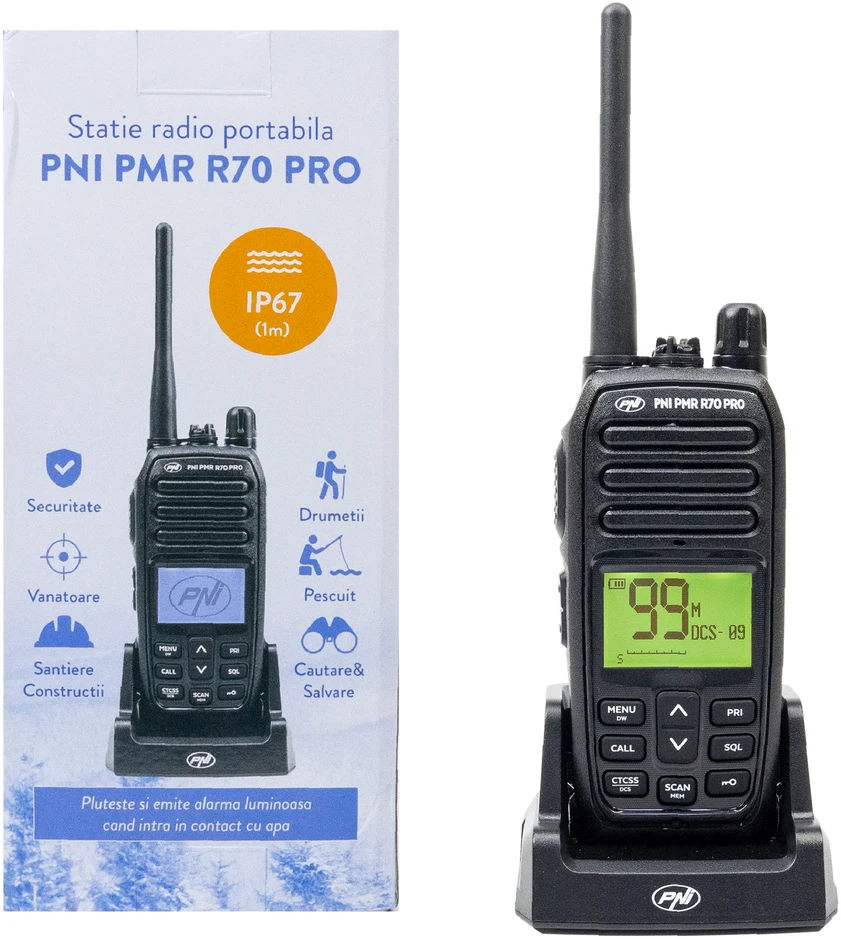 Nešiojama radijo stotelė PNI PMR R70 PRO 446MHz, 0.5W, 99 kanalai, 16 PMR ir 50 CTCSS bei 104 DCS tonai, IP67