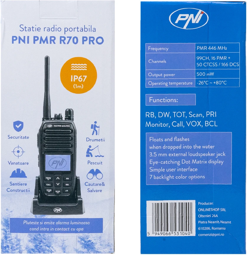 Nešiojama radijo stotelė PNI PMR R70 PRO 446MHz, 0.5W, 99 kanalai, 16 PMR ir 50 CTCSS bei 104 DCS tonai, IP67