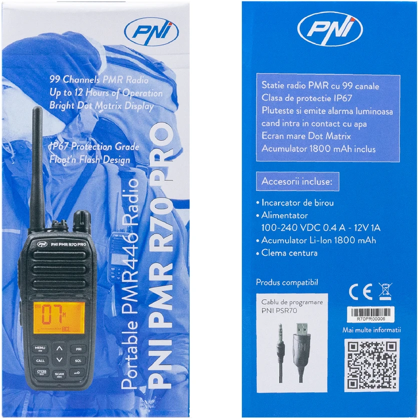 Nešiojama radijo stotelė PNI PMR R70 PRO 446MHz, 0.5W, 99 kanalai, 16 PMR ir 50 CTCSS bei 104 DCS tonai, IP67