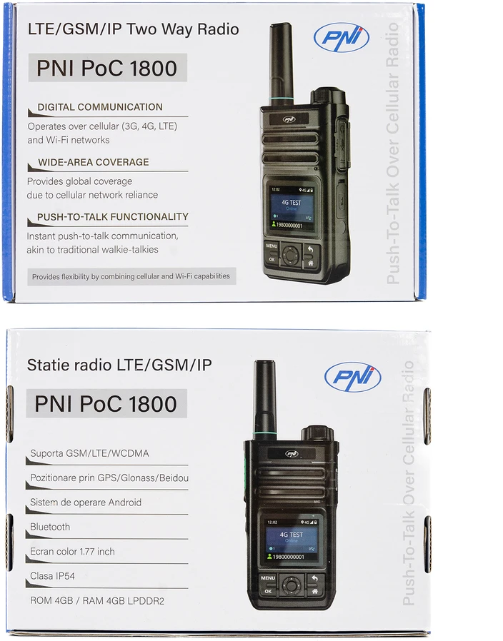 Nešiojama radijo stotelė PNI PoC 1800, GSM 4G LTE, 802.11b/g/n, 2.4GHz, 1.77 colio spalvotas ekranas, Li-Ion 4400 mAh, IP54